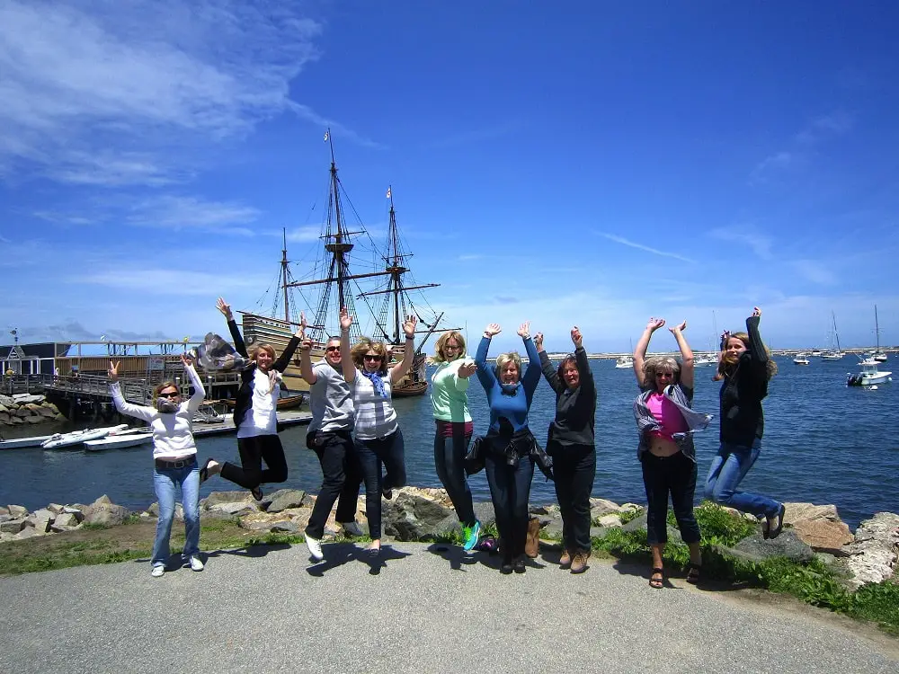 German Tour Operators on a Plymouth MA familiarization trip with Mayflower II in the background.