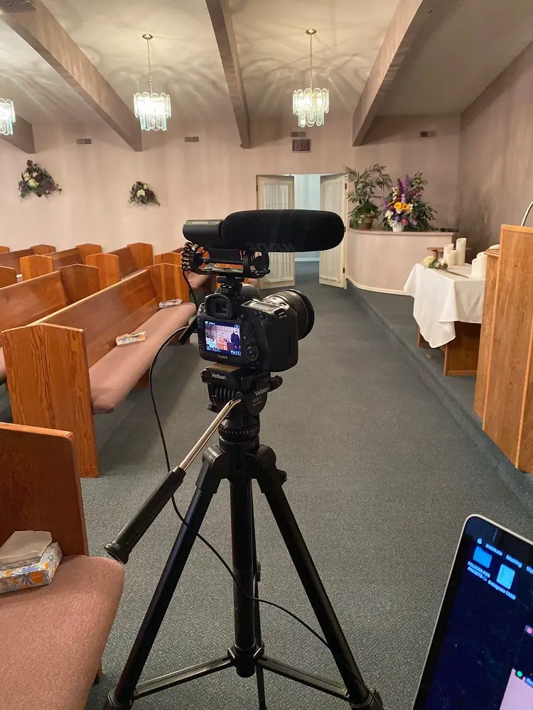 Setting up to live stream a funeral